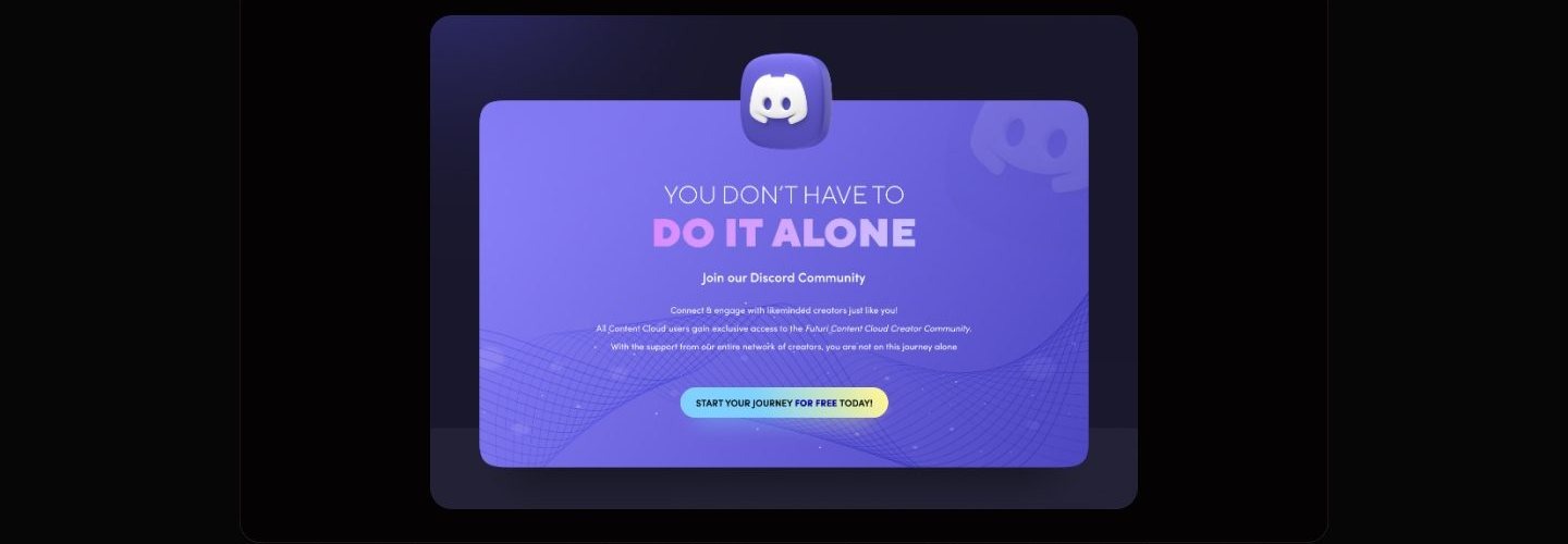 Purple section with a large Discord icon, headline you don't have to do it alone, community copy, and a yellow start your journey for free today button over a wave pattern.