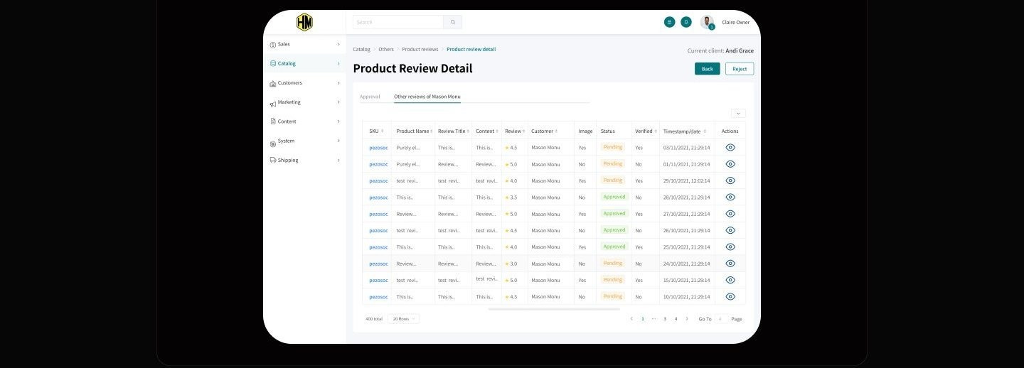 Other reviews tab for Mason Monu listing the customer's past reviews with star ratings, orange Pending and green Approved badges, and timestamps.