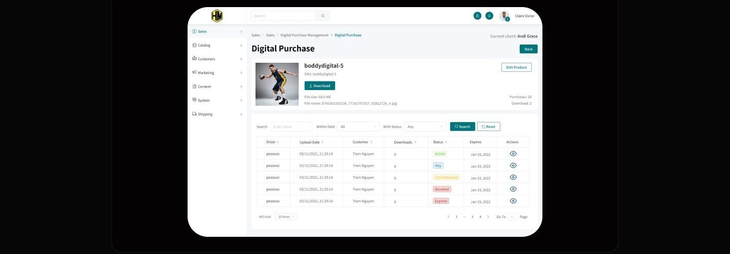 Digital Purchase detail for boddydigital-5 with product photo, Download button, Edit Product action, and a transaction table with color-coded statuses.