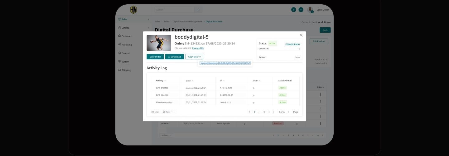 Order detail modal for a digital product showing Copy link, Download, and View Order buttons, an exposed download URL, a status panel, and an activity log listing link created, link opened, and file downloaded events with dates and IP addresses.