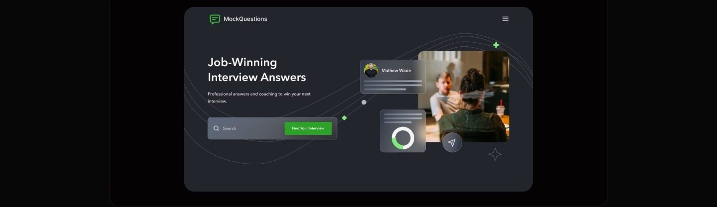 Dark homepage hero with the headline Job-Winning Interview Answers, a subline about professional answers and coaching, a search field with a green Find Your Interview button, and a collage of a coaching photo with floating profile cards.