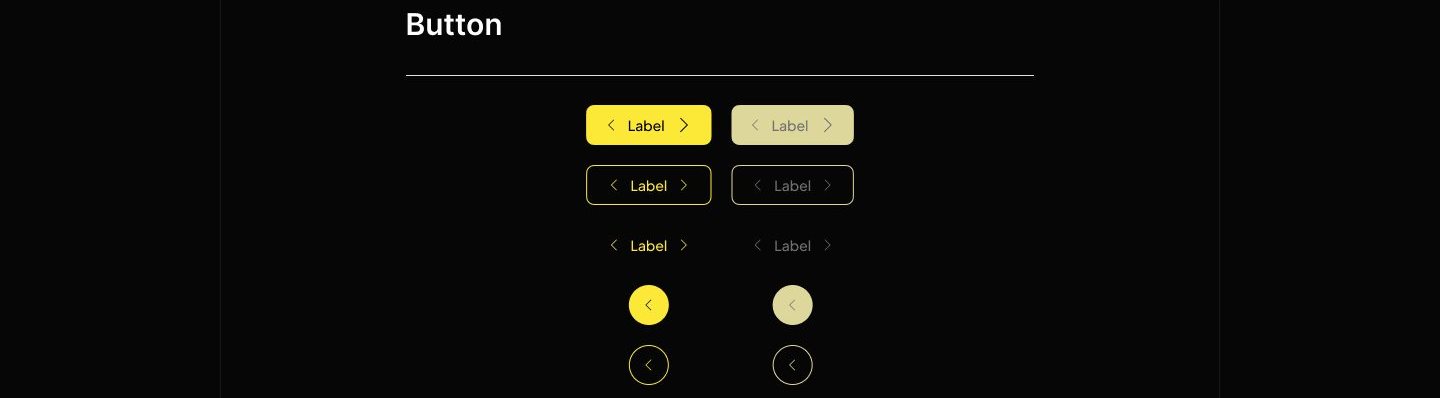 Button component sheet showing yellow filled, outlined, text-only, and circular icon buttons in default and disabled states on a dark background.
