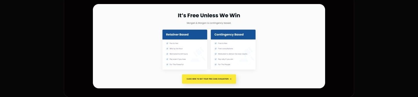 Light comparison section titled It's Free Unless We Win with two columns comparing retainer based and contingency based models, every line in both columns marked with an identical checkmark, above a yellow CTA button.