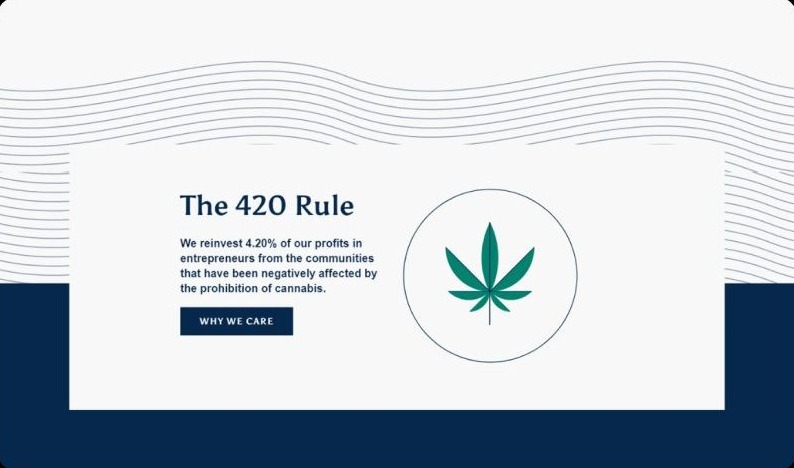 Brand mission section titled The 420 Rule with copy about reinvesting profits in affected communities and a green cannabis leaf inside a thin circle.