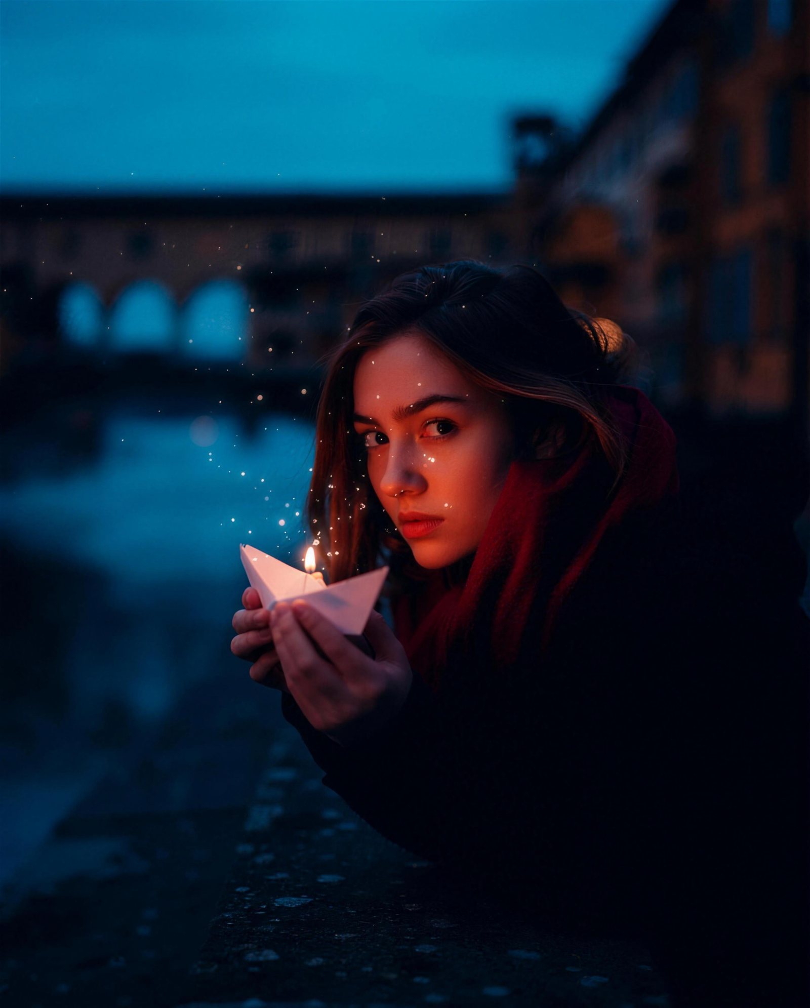 A woman holding a candle in a folded paper boat beside the Arno at blue hour, the Ponte Vecchio behind her