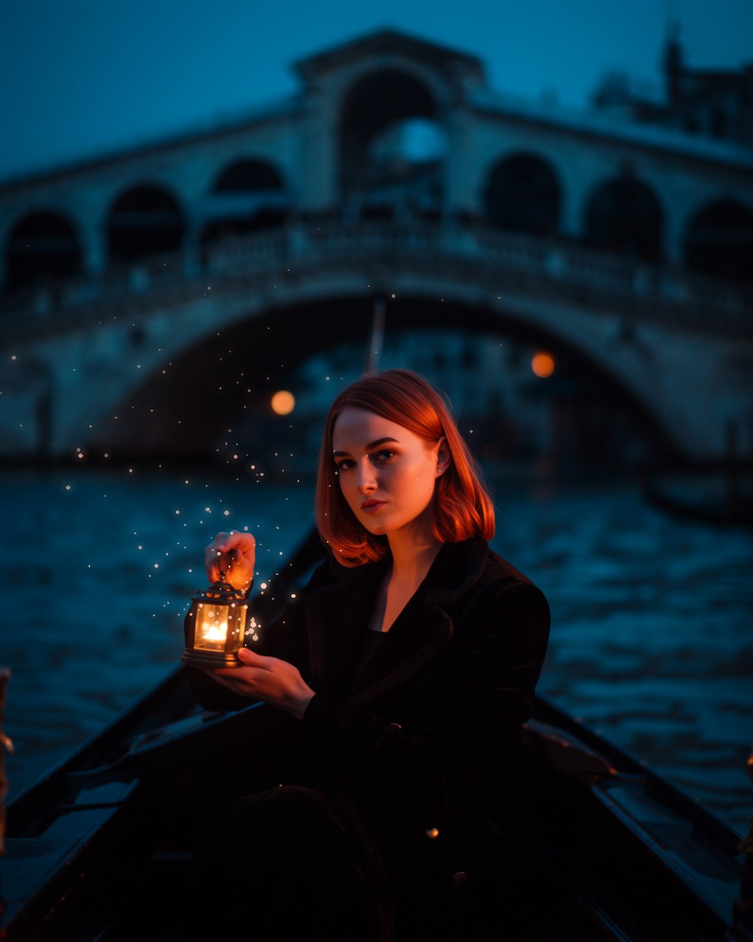 A woman in a gondola holding a small lantern beneath the Rialto Bridge in Venice at night